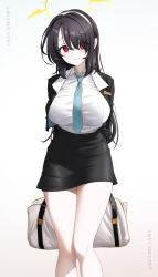 1girl absurdres black_hair black_jacket black_skirt blue_archive breasts bucho_sama hair_over_one_eye halo highres hinata_(blue_archive) jacket large_breasts red_eyes school_uniform shirt sisterhood_(blue_archive) skirt socks thighs white_shirt white_socks yellow_halo