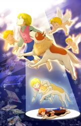 4boys a_dog_of_flanders angel angel_wings animal artist_name artist_self-reference barefoot blonde_hair blue_eyes blue_pants buttons child closed_eyes closed_mouth commentary_request corpse dated dead_animal death dog feathered_wings floating ghost green_shirt lying multiple_boys multiple_views nello_(a_dog_of_flanders) nude on_stomach open_mouth pants patch petrasche_(a_dog_of_flanders) pink_vest sakai_yume shirt smile snowflakes spoilers spotlight vest white_wings wings