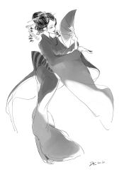 1girl 2020 a_bang closed_eyes closed_mouth commentary eyelashes full_body geisha greyscale hair_ornament hand_fan highres holding holding_fan japanese_clothes kanzashi kimono monochrome nico_robin nico_robin_(wano) obi official_alternate_costume one_piece sash simple_background solo wide_sleeves