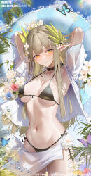 1girl absurdres arknights armpits arms_behind_head arms_up artist_name bikini bilibili_username black_bikini black_choker blue_butterfly blue_flower blue_innertube blue_rose blue_sky blunt_bangs blush breasts bug butterfly chinese_commentary choker collarbone commentary_request day flower green_hair hair_flower hair_ornament head_tilt highres holding holding_swim_ring huade_xiami innertube insect lens_flare light_particles long_hair looking_at_viewer medium_breasts micro_bikini mole mole_under_eye muelsyse_(arknights) navel open_clothes open_shirt outdoors palm_tree pink_flower pink_rose plant pointy_ears purple_butterfly rose sarong see-through_clothes see-through_sarong see-through_shirt shirt side-tie_bikini_bottom sidelocks sky smile solo sparkle standing stomach sunlight swim_ring swimsuit thighs tree underboob very_long_hair water_drop wet white_sarong white_shirt yellow_eyes