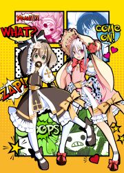 Rule 34 | 2boys, 3girls, arch bishop (ragnarok online), black dress, black shoes, bonnet, bow, bowtie, brown hair, commentary request, cross, donut, dress, dress bow, english text, food, food in mouth, footwear bow, frilled dress, frilled sleeves, frills, full body, goblin mask, grin, heart, highres, looking at viewer, mask, masked, masquerade mask, medium hair, multiple boys, multiple girls, official alternate costume, open mouth, orange background, pink bonnet, pink dress, purple eyes, ragnarok online, red bow, red bowtie, rozelia00, sash, shoes, short hair, smile, sorcerer (ragnarok online), standing, summoner (ragnarok online), two-tone dress, white dress, white hair, white sash, yellow bow