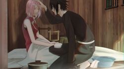 Rule 34 | 1boy, 1girl, absurdres, amputee, bare shoulders, basin, bed sheet, black eyes, black hair, black pants, black shirt, boruto: naruto next generations, closed eyes, closed mouth, futon, grin, haruno sakura, hetero, highres, husband and wife, long sleeves, naruto (series), niku (ni23ku), open mouth, pants, pillow, pink hair, red shirt, shirt, short hair, sleeveless, sleeveless shirt, smile, spiked hair, teeth, uchiha sasuke, water, wooden wall