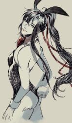 1boy ahoge alternate_costume animal_ears artist_name ass bare_arms bare_legs bare_shoulders black_hair black_leotard bow bowtie closed_mouth crossdressing detached_collar fake_animal_ears fake_tail grey_eyes hair_ribbon highres leotard long_hair looking_at_viewer looking_back male_focus male_playboy_bunny minataka94 modao_zushi monochrome playboy_bunny ponytail rabbit_ears rabbit_tail red_bow red_bowtie red_ribbon ribbon sidelocks simple_background smile solo spot_color strapless strapless_leotard tail trap very_long_hair wei_wuxian wrist_cuffs