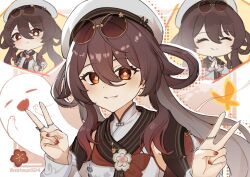 Rule 34 | 1girl, artist name, bare shoulders, boo tao (genshin impact), brown hair, chibi, chibi inset, detached sleeves, dress, eyewear on head, flower-shaped pupils, genshin impact, hat, highres, hu tao (cherries snow-laden) (genshin impact), hu tao (genshin impact), jewelry, long hair, looking at viewer, multiple rings, nail polish, natsuri124, red eyes, red nails, ring, round eyewear, sleeveless, sleeveless dress, smile, solo, symbol-shaped pupils, twintails, twitter username, upper body, white dress, white hat, white sleeves
