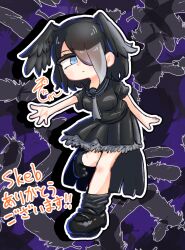 1girl black_hair black_shirt black_shoes black_skirt black_socks blue_eyes commentary feathers frilled_skirt frills gloves grey_hair grey_necktie hair_between_eyes hair_over_one_eye highres jungle_crow_(kemono_friends) kemono_friends loose_socks misony_oto multicolored_hair necktie pantyhose pleated_skirt sailor_collar school_uniform serafuku shirt shoes short_hair short_sleeves sidelocks signature skirt socks solo t-shirt translated