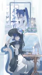 2girls absurdres alternate_costume animal_ears arknights astesia_(arknights) astgenne_(arknights) bird_ears black_dress blue_flower blue_hair bug butterfly character_name clock copyright_name couch cup dress flower flower_request from_side gloves hair_intakes hanging_plant hat head_on_hand highres holding holding_sword holding_weapon indoors insect insect_collection jewelry knight lamp layered_dress liliyfox long_hair looking_at_viewer monocular multiple_girls necklace on_couch pearl_necklace picture_frame pillar pink_flower plant ponytail roman_numeral sitting smile sword table teacup vines vines_around_weapon weapon white_dress white_gloves wide_brim