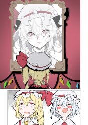 2girls 2koma ^_^ absurdres blonde_hair blue_hair blush closed_eyes comic commentary crystal_wings fang flandre_scarlet frown hat highres kararage_tsune looking_at_object mob_cap multiple_girls one_side_up picture_frame pointy_ears portrait_(object) red_eyes remilia_scarlet self-portrait siblings silent_comic sisters skin_fang smile touhou white_hat wings