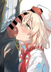 1boy 1girl absurdres alice_(egocentric_patissiere)_(tales) alice_(tales) bar_censor blonde_hair blush censored commission grabbing_another&#039;s_thighs hat hetero highres mogamiya_honu official_alternate_costume oral pants penis penis_on_face regal_bryan short_hair tales_of_(series) tales_of_symphonia tales_of_symphonia:_dawn_of_the_new_world tales_of_the_rays testicle_sucking tongue tongue_out white_background yellow_eyes