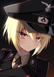 1girl absurdres blonde_hair blush cross epaulettes hat highres iron_cross jiseki_rena looking_at_viewer military_dress_uniform military_uniform nazi necktie original peaked_cap red_eyes reichsadler rena_(jiseki_rena) short_hair solo totenkopf tsurime