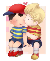 bad_tag black_hair blonde_hair blush child hat kiss lucas_(mother_3) mother_(series) mother_2 ness_(mother_2) nintendo red_hat shirt shota sitting sjsj_10 striped_clothes striped_shirt super_smash_bros.