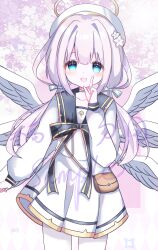 absurdres angel angel_wings blue_eyes blush bow cowboy_shot dress feathered_wings flower hair_between_eyes hair_flower hair_ornament halo highres loli long_hair long_sleeves low_twintails maimai_(game) pleated_dress sailor_collar sailor_dress solo twintails user_yrze4523 watermark white_dress white_sailor_collar white_wings wings yurisaki_mika_(maimai)