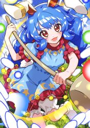 1girl :d animal_ears bloomers blue_dress commentary_request crescent_print dress frilled_dress frills fuji_tarawi highres holding holding_mallet kine long_hair looking_at_viewer mallet open_mouth puffy_short_sleeves puffy_sleeves rabbit_ears rabbit_girl rabbit_tail red_eyes seiran_(touhou) short_sleeves smile socks solo spell_card star_(symbol) star_print tail touhou underwear white_bloomers white_socks