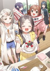 5girls :d ^_^ absurdres apron bandaid bandaid_on_finger black_hair blue_shorts brown_eyes brown_hair cake closed_eyes closed_mouth collarbone commentary_request cream cream_on_face flower food food_on_face gakuen_idolmaster hair_flower hair_ornament hanami_ume hataya_misuzu highres holding holding_plate idolmaster indoors kuramoto_china long_hair looking_at_another multiple_girls open_mouth plate purple_hair shinosawa_hiro shirt short_hair shorts smile standing teeth translation_request tsukimura_temari upper_teeth_only white_flower white_shirt window yellow_apron yukie_(kusaka_shi)