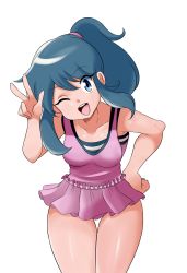 1girl absurdres bare_shoulders blue_eyes blue_hair breasts dawn_(pokemon) high_ponytail highres long_hair looking_at_viewer lucyfer medium_breasts nintendo one-piece_swimsuit one_eye_closed pink_one-piece_swimsuit pokemon pokemon:_arceus_and_the_jewel_of_life pokemon_(anime) pokemon_dppt_(anime) ponytail shiny_skin simple_background smile solo swimsuit upper_body v weapon white_headwear wink