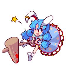 1girl animal_ears bad_id bad_pixiv_id blue_dress blue_hair dress earclip female_focus full_body ichi_et kine legacy_of_lunatic_kingdom lowres mallet pixel_art rabbit_ears red_eyes seiran_(touhou) short_sleeves socks solo touhou twintails white_background white_socks