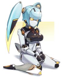 1girl blue_hair breasts colored_skin detached_hair full_body hakidashi_11 joints kneeling large_breasts phantasy_star phantasy_star_online_2 robot_girl robot_joints simple_background solo twintails white_background white_skin yellow_eyes