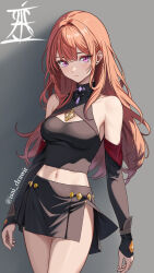 1girl artist_logo black_shirt black_skirt black_sleeves breasts cleavage_cutout clothing_cutout commentary_request crystal detached_sleeves earrings freckles grey_background halter_shirt halterneck highres isai_salazar jewelry light_blush linea_alba logo long_hair looking_at_viewer medium_breasts midriff necklace orange_hair original pink_eyes shadow shirt skirt spanish_commentary stud_earrings twitter_username