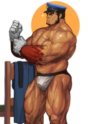 Rule 34 | 1boy, absurdres, alternate skin color, bara, belt, bulge, dark-skinned male, dark skin, fang, feet out of frame, forked eyebrows, gloves, hachimaki, hat, headband, highres, jockstrap, large pectorals, long sideburns, male focus, male underwear, mature male, muscular, muscular male, nejiri hachimaki, official alternate costume, open clothes, open shirt, pectoral cleavage, pectorals, police, police hat, police uniform, print male underwear, short hair, sideburns, solo, sparkle, striped, tajikarao (housamo), thick thighs, thighs, tokyo houkago summoners, topless male, traver009, underwear, underwear only, undressing, unworn belt, unworn kimono, veins, white gloves, white male underwear