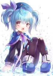 1girl absurdres ahoge beret blue_boots blue_hair boots chachong_sama emil_chronicle_online hair_ribbon hat highres loli necktie open_mouth pantyhose purple_necktie pururu_alma red_eyes ribbon short_twintails sitting twintails water_drop white_background