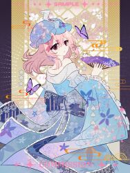 1girl absurdres back_bow bare_shoulders blue_bow blue_kimono bow bug butterfly chinese_commentary commentary_request commission floral_print floral_print_kimono folding_fan frilled_kimono frilled_sleeves frills hand_fan hat highres hitodama holding holding_fan insect japanese_clothes kimono long_hair long_sleeves looking_at_viewer looking_back mixed-language_commentary mob_cap off_shoulder open_mouth pink_eyes pink_hair print_kimono purple_butterfly saigyouji_yuyuko sample_watermark solo touhou triangular_headpiece watermark wide_sleeves xingxingxing_guangguang