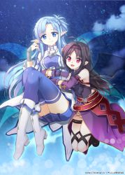 10s 2girls armor asuna_(sao) asuna_(sao-alo) bad_id bad_pixiv_id blue_eyes blue_hair blue_thighhighs boots breastplate detached_sleeves fairy_wings fangs fingerless_gloves flying gloves hairband half_updo hug hug_from_behind leotard long_hair looking_at_viewer multiple_girls pointy_ears purple_hair red_eyes skirt smile sword_art_online thighhighs trianon watermark web_address white_footwear wings yuuki_(sao)
