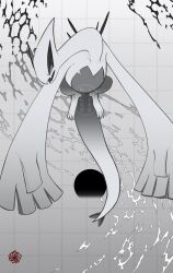 fangs flying full_body gen_2_pokemon greyscale grid_background highres legendary_pokemon lugia monochrome niku_1002 nintendo no_humans open_mouth pokemon pokemon_(creature) pokemon_focus simple_background skin_fangs solo tail water watermark whirl_islands_(pokemon) wings