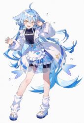 Rule 34 | absurdres, ahoge, apron, azit (down), black one-piece swimsuit, blue bow, blue dress, blue hair, blue nails, blue pupils, bow, claw mark, claw pose, crocs, detached sleeves, dress, fish hair ornament, frilled apron, frilled sleeves, frills, full body, hair ornament, hairband, highres, layered dress, long hair, long sleeves, loose socks, maid, maid apron, one-piece swimsuit, original, puffy sleeves, see-through clothes, see-through skirt, sharp teeth, shoes, skirt, socks, starfish print, swimsuit, swimsuit under clothes, tail-shaped hair, teeth, unconventional maid, very long hair, waist apron, white apron, white hairband, white shoes, white skirt, white sleeves, white socks, wolf cut, yellow eyes