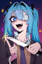 Rule 34 | 1girl, aqua hair, black eyeshadow, black jacket, blazer, brown sweater, collared shirt, commentary, english commentary, eyepatch, eyeshadow, fangs, hatsune miku, heart, heart-shaped pupils, highres, holding, holding knife, j.k., jacket, kitchen knife, knife, long hair, makeup, medical eyepatch, monitoring (vocaloid), necktie, purple necktie, school uniform, shirt, solo, sweater, symbol-shaped pupils, thick eyebrows, twintails, very long hair, vocaloid, white shirt