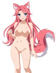1girl animal_ears bikini blue_eyes blush breasts bruise completely_nude female_focus fox_ears fox_girl fox_tail game_cg injury large_breasts legs long_hair navel nipples nude pussy red_hair sakura_dungeon shiny_skin simple_background solo swimsuit tail uncensored white_background yomi_(sakura_dungeon)