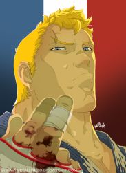 1boy abel_(street_fighter) blonde_hair blood blood_on_hands close-up come_at_me_bro fingerless_gloves france french_flag gloves looking_at_viewer male_focus metalhanzo scar scar_on_face scar_on_nose solo street_fighter street_fighter_iv_(series) upper_body