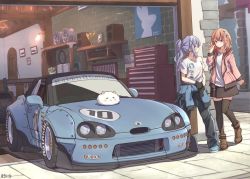 2girls aged_up baronilu black_pants black_thighhighs blue_eyes blue_footwear blue_hair blush boots brick_wall brown_footwear car day flower garage gochuumon_wa_usagi_desu_ka? hair_flower hair_ornament hairclip hand_up hood hoodie hoto_cocoa kafuu_chino knees_together_feet_apart light motor_vehicle multiple_girls name_connection object_namesake open_hand orange_hair outdoors pants pink_hoodie ponytail poster_(object) purple_eyes race_vehicle racecar shirt short_hair side-view_mirror signature smile thighhighs tile_floor tiles tippy_(gochiusa) toolbox vehicle_focus white_shirt