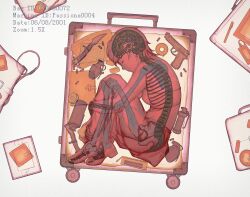 1boy 2001 brain bullet closed_eyes commentary dated explosive grenade gun highres jojo_no_kimyou_na_bouken knife rolling_suitcase sang_(3soun) skeleton smoke_grenade solo suitcase vento_aureo vinegar_doppio weapon x-ray