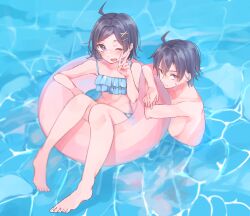 1boy 1girl :d ahoge bikini black_eyes black_hair brother_and_sister eme_(emeralda) frilled_bikini frills hair_between_eyes hair_ornament highres hikigaya_hachiman hikigaya_komachi looking_at_viewer one_eye_closed open_mouth pool short_hair siblings sitting smile swim_ring swimming swimsuit tube v victory_pose water x_hair_ornament yahari_ore_no_seishun_lovecome_wa_machigatteiru.