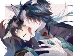 2boys animal_ear_fluff animal_ears bandaged_hand bandages black_hair blade_(honkai:_star_rail) commentary_request dan_heng_(honkai:_star_rail) fingernails gradient_hair green_eyes green_hair hand_on_another&#039;s_chest highres honkai:_star_rail honkai_(series) jasminetee kemonomimi_mode licking licking_another&#039;s_face long_tongue male_focus multicolored_hair multiple_boys one_eye_closed open_mouth red_eyes sharp_fingernails tail teeth tongue upper_body upper_teeth_only wolf_boy wolf_ears yaoi zipper