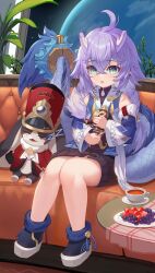 1girl 1other absurdres ahoge bailu_(honkai:_star_rail) black_boots blush boots couch cup detached_sleeves dragon_girl dragon_horns dragon_tail eastern_dragon_horns eastern_dragon_tail food fruit gourd grapes green_eyes highres holding holding_gourd honkai:_star_rail honkai_(series) horns long_hair long_sleeves longyu_(17767756) looking_at_viewer on_couch open_mouth plate pom-pom_(honkai:_star_rail) purple_hair rabbit sitting sleeping squeans strawberry tail tea teacup thighs zzz