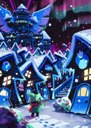 Rule 34 | 1boy, absurdres, animal ears, artist name, aurora, black sky, bush, castle, commentary request, deltarune, door, dress, facing away, footprints, from behind, goat ears, green dress, green headwear, highres, house, icicle, male focus, night, night sky, outdoors, pink scarf, ralsei, scarf, scenery, sky, snow, snowing, solo, stairs, town, walking, watawata22, wide shot, winter