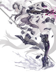 1girl ahoge armor armored_boots bad_id bad_pixiv_id black_gloves black_leotard boots breasts brown_eyes chain club3 elbow_gloves fate_(series) female_focus full_body gauntlets gloves headpiece highleg highleg_leotard highres holding holding_weapon jeanne_d&#039;arc_(fate) jeanne_d&#039;arc_alter_(avenger)_(fate) jeanne_d&#039;arc_alter_(fate) large_breasts leotard parted_lips polearm shiny_skin short_hair silver_hair simple_background solo teeth weapon white_background yellow_eyes