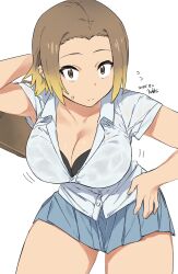 Rule 34 | 1girl, arm behind head, black bra, blonde hair, blue skirt, bra, bra peek, breasts, brown eyes, brown hair, cleavage, closed mouth, collarbone, collared shirt, commentary, cowboy shot, dated, dress shirt, flipped hair, flying sweatdrops, gradient hair, gyaru, hand on own hip, highres, kasamaru aoi, kuma (jk0073), leaning forward, looking at viewer, miniskirt, motion lines, multicolored hair, parted bangs, ruri no houseki, school uniform, shirt, short sleeves, signature, simple background, skirt, small sweatdrop, solo, underwear, untucked shirt, white background, white shirt