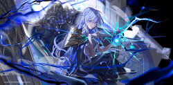 1girl absurdres armor black_shoes blue_cape blue_carpet blue_dress blue_eyes breasts cape carpet couch crossed_legs daymera dress eye_symbol game_cg hair_between_eyes hand_up highres holding index_finger_raised khun_maschenny_zahard lightning lips long_hair looking_at_viewer official_art on_couch parted_lips pauldrons shinsoo_(tower_of_god) shoes shoulder_armor single_pauldron sitting smile solo sunlight teeth tower_of_god tower_of_god:_great_journey window