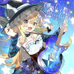 1girl absurdres album_cover album_name alternate_costume arm_warmers black_bow blonde_hair blush bow braid breasts circle_name cleavage clothing_request commentary_request cover english_text fang guitar hair_bow hat hat_bow highres holding holding_guitar holding_instrument holding_plectrum instrument jewelry kirisame_marisa long_hair looking_at_viewer open_mouth plectrum ring shinra-bansho side_braid single_braid skin_fang smile solo star_(symbol) starry_sky_print striped_arm_warmers tamagogayu1998 touhou very_long_hair witch_hat