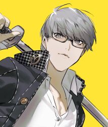 Rule 34 | 1boy, black jacket, buttons, close-up, closed mouth, collarbone, collared shirt, commentary request, glasses, grey eyes, grey hair, highres, holding, holding sword, holding weapon, jacket, katana, long sleeves, looking at viewer, male focus, narukami yu, open clothes, open jacket, over shoulder, persona, persona 4, prsnmikuro, school uniform, shirt, short hair, solo, sword, upper body, weapon, white shirt, yasogami school uniform, yellow background