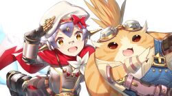 Rule 34 | 1boy, 1girl, :d, android, arm up, bandaid, bandaid on face, bandaid on nose, belt, beret, blush, bow, cape, commentary request, creature, denim, flower, goggles, goggles on head, hat, hat bow, looking at viewer, nopon, open mouth, overalls, poppi (xenoblade), poppi alpha (xenoblade), purple hair, red bow, red cape, red eyes, salute, shirt, short hair, short sleeves, simple background, smile, tareme, tora (xenoblade 2), white background, white flower, white hat, white shirt, xenoblade chronicles (series), xenoblade chronicles 2, yappen, yellow eyes