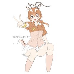 1girl blush bow brown_hair brown_shirt brown_socks chicha_riboni extra_ears hair_bow highres horns impala_(kemono_friends) impala_ears impala_girl jacket kemono_friends long_hair multicolored_hair open_mouth pleated_skirt safari_jacket shirt sitting skirt smile socks solo translation_request twintails two-tone_hair two-tone_shirt v white_bow white_hair white_skirt wristband