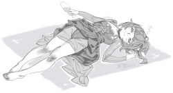 Rule 34 | 1girl, alcohol, alphonse (white datura), bare legs, barefoot, breasts, clothes lift, cup, dress, dress lift, drinking glass, drunk, full body, highres, leotard, leotard under clothes, looking at viewer, medium hair, megumin, monochrome, original, ponytail, sketch, small breasts, smile, solo, wine, wine glass