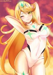 Rule 34 | 1girl, blonde hair, blush, breasts, chest jewel, cleavage, core crystal (xenoblade), cowboy shot, highres, hip vent, large breasts, long hair, mythra (xenoblade), one-piece swimsuit, one eye closed, solo, strapless, strapless one-piece swimsuit, swimsuit, tiara, uji10ukifune, white one-piece swimsuit, xenoblade chronicles (series), xenoblade chronicles 2, yellow eyes