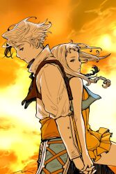 1boy 1girl back-to-back bare_arms bare_shoulders blonde_hair blue_eyes blue_vest braid brown_eyes brown_vest closed_mouth collared_shirt couple cropped_vest dress final_fantasy final_fantasy_xii hetero holding_hands interlocked_fingers long_hair mochi_(hanamaruudondesu) orange_dress penelo shirt short_hair sidelocks signature twin_braids upper_body vaan_(ff12) vest white_shirt