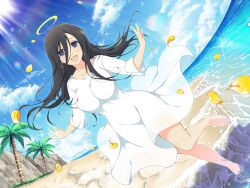 1girl april_fools barefoot beach black_hair blue_eyes blue_sky blush breasts cliff cloud cloudy_sky collarbone day dress falling_petals foam grass groin covered_groin halo horizon large_breasts lens_flare light_particles long_hair looking_at_viewer ocean official_alternate_costume official_art open_mouth outdoors palm_leaf palm_tree petals rainbow ryouki_(senran_kagura) sand senran_kagura senran_kagura_estival_versus senran_kagura_new_link shiny_skin shore sky smile solo sparkle sunlight tongue tree water waves white_dress yaegashi_nan yellow_halo
