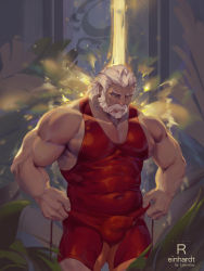 1boy abs bara bare_shoulders beard bodysuit bulge covered_abs covered_navel erection erection_under_clothes facial_hair feet_out_of_frame large_pectorals luerstine male_focus mature_male muscular muscular_male navel nipple_slip nipples old old_man overwatch overwatch_1 paid_reward_available pectoral_cleavage pectorals red_bodysuit reinhardt_(overwatch) scar scar_across_eye scar_on_face short_hair sidepec solo stomach undressing water waterfall wet wet_clothes white_hair