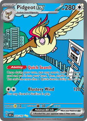 animal_focus artist_name bananajerky bird blue_sky building card_(medium) character_name closed_mouth cloud company_name copyright_name copyright_notice day english_text fence flat_color flying gen_1_pokemon nintendo no_humans official_art pidgeot pidgeotto pokemon pokemon_(creature) pokemon_card pokemon_focus pokemon_tcg sign sky solo third-party_source trading_card