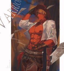 1boy abs absurdres bare_pectorals belt black_gloves black_pants blonde_hair blue_sky border brown_belt brown_hat cactus character_name closed_mouth cloud colored_skin commentary cowboy cowboy_hat cowboy_shot cropped_shirt expressionless floral_print fringe_trim gloves grey_eyes gun hand_on_headwear hat hat_feather highres leaning light_frown lips loen_(shining_nikki) long_sleeves looking_at_viewer male_focus multiple_belts nikki_(series) nipples nostrils open_clothes open_shirt outdoors outside_border pants pectorals pioneer&#039;s_path_(shining_nikki) pocket pointy_nose red_scarf red_skin ribbon-trimmed_headwear ribbon_trim scarf shining_nikki shirt short_hair shotgun sky sleeve_cuffs solo standing stars_zhangzhang sunset symbol-only_commentary thick_eyebrows three-quarter_sleeves toned toned_male wanted_poster weapon western white_border white_shirt